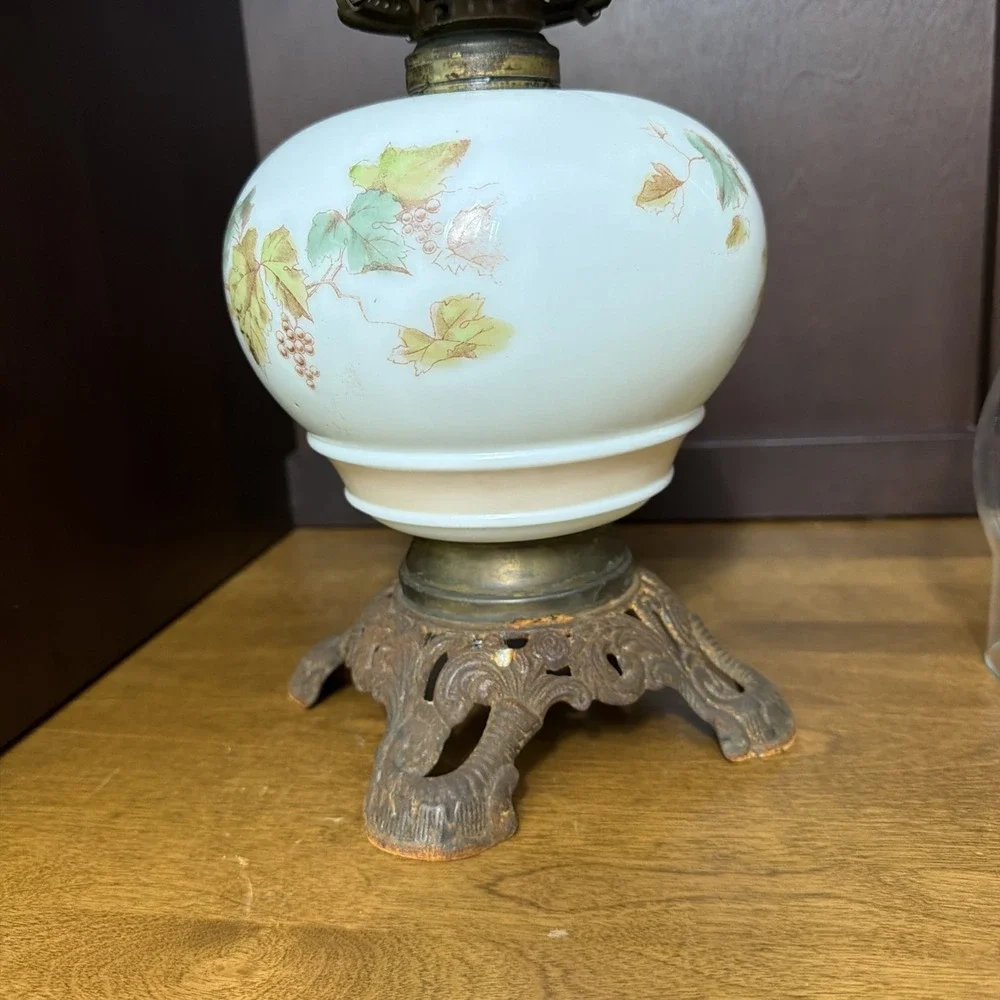 Oil Lamp Glass Transfer pattern Grapevine Winery Vintage 19